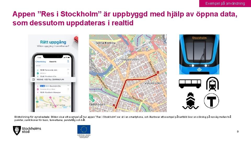 Exempel på användning Appen ”Res i Stockholm” är uppbyggd med hjälp av öppna data,