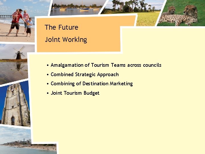 The Future Joint Working • Amalgamation of Tourism Teams across councils • Combined Strategic
