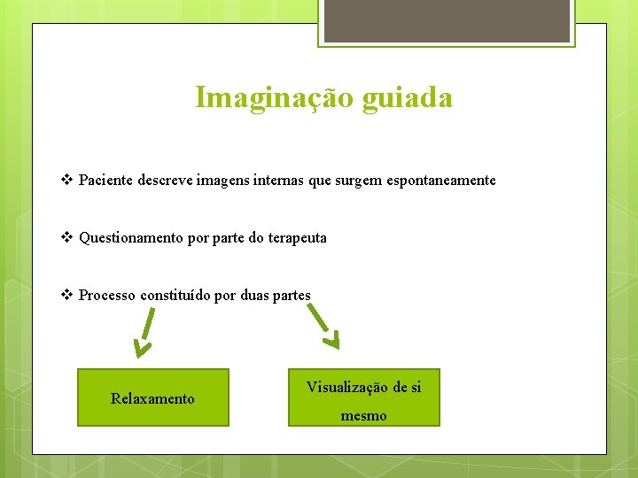 Imaginação guiada v Paciente descreve imagens internas que surgem espontaneamente v Questionamento por parte