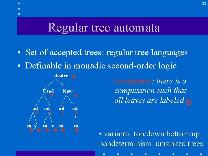 22 Regular tree automata • Set of accepted trees: regular tree languages • Definable