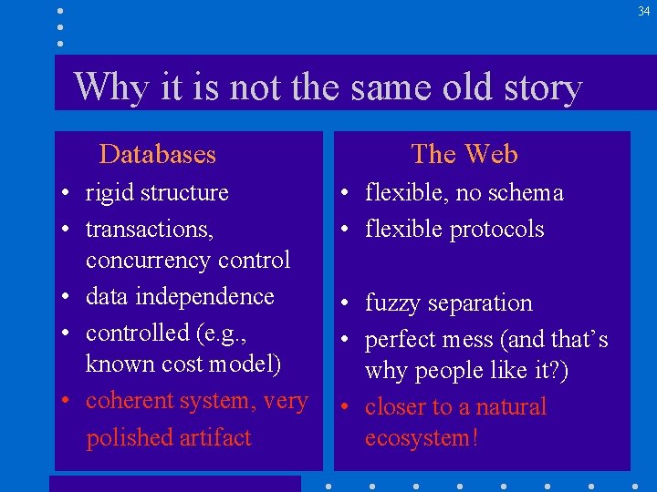 34 Why it is not the same old story Databases • rigid structure •