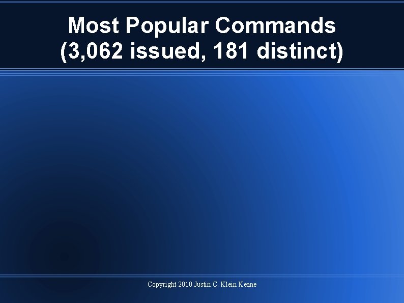 Most Popular Commands (3, 062 issued, 181 distinct) Copyright 2010 Justin C. Klein Keane