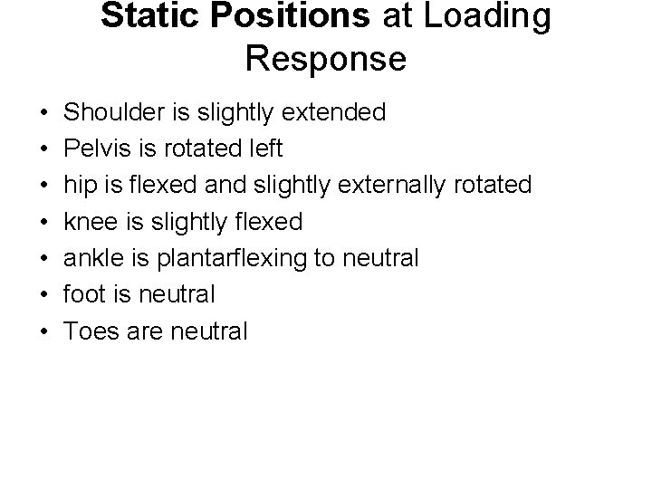 Static Positions at Loading Response • • Shoulder is slightly extended Pelvis is rotated