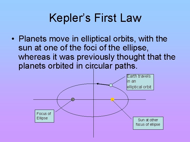 Kepler’s First Law • Planets move in elliptical orbits, with the sun at one