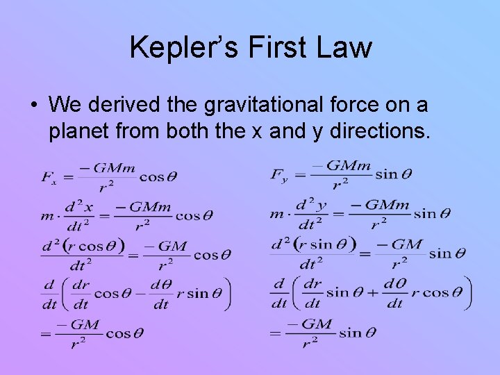 Kepler’s First Law • We derived the gravitational force on a planet from both