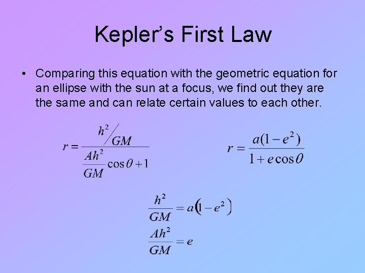 Kepler’s First Law • Comparing this equation with the geometric equation for an ellipse