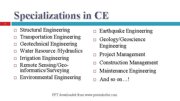 Specializations in CE 4 Structural Engineering Transportation Engineering Geotechnical Engineering Water Resource /Hydraulics Irrigation
