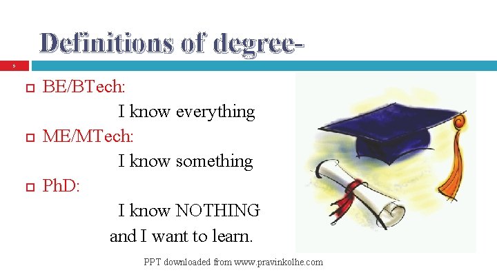 Definitions of degree 5 BE/BTech: I know everything ME/MTech: I know something Ph. D: