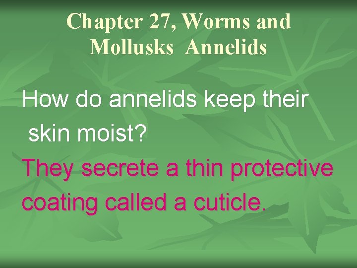Chapter 27, Worms and Mollusks Annelids How do annelids keep their skin moist? They
