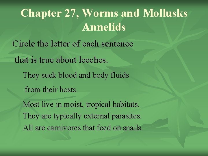 Chapter 27, Worms and Mollusks Annelids Circle the letter of each sentence that is