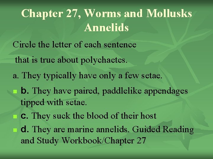 Chapter 27, Worms and Mollusks Annelids Circle the letter of each sentence that is