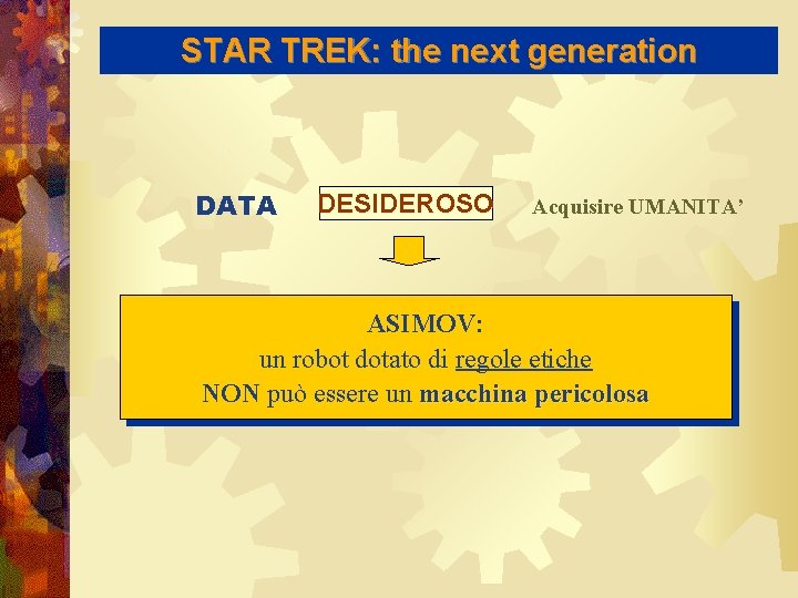 STAR TREK: the next generation DATA DESIDEROSO Acquisire UMANITA’ ASIMOV: un robot dotato di