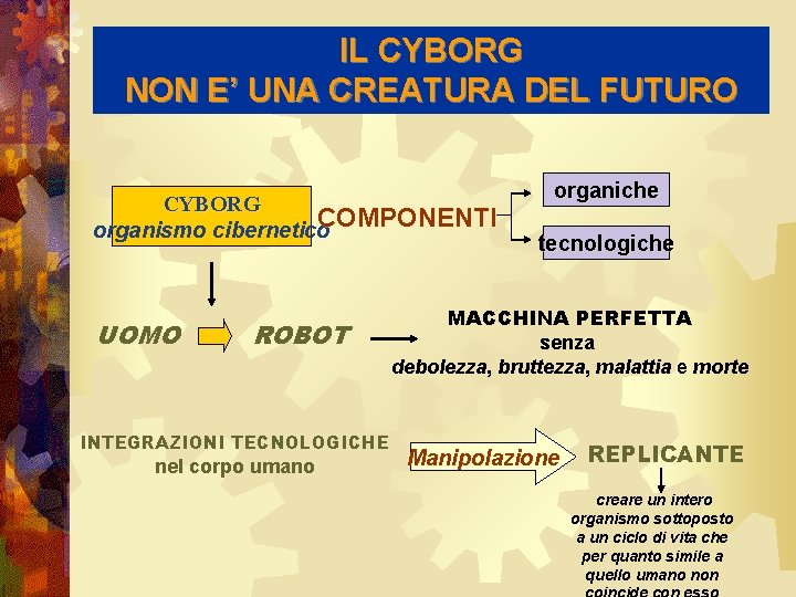 IL CYBORG NON E’ UNA CREATURA DEL FUTURO CYBORG COMPONENTI organismo cibernetico UOMO ROBOT IL CYBORG NON E’ UNA CREATURA DEL FUTURO CYBORG COMPONENTI organismo cibernetico UOMO ROBOT