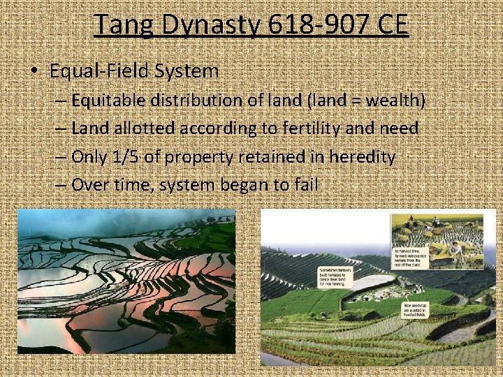 Tang Dynasty 618 -907 CE • Equal-Field System – Equitable distribution of land (land