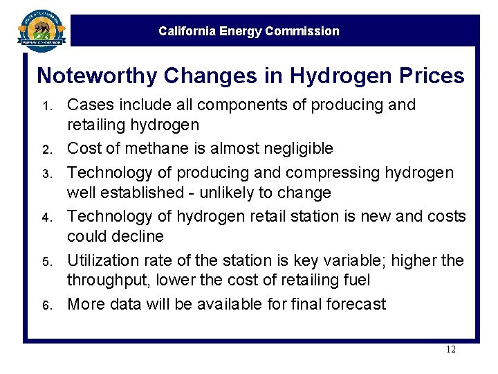 California Energy Commission Noteworthy Changes in Hydrogen Prices 1. 2. 3. 4. 5. 6.