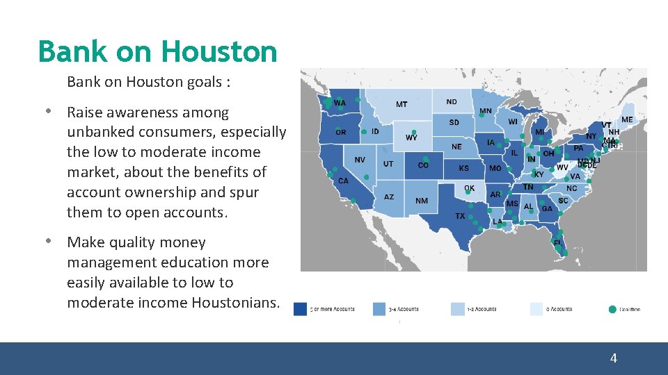 Bank on Houston goals : • Raise awareness among unbanked consumers, especially the low