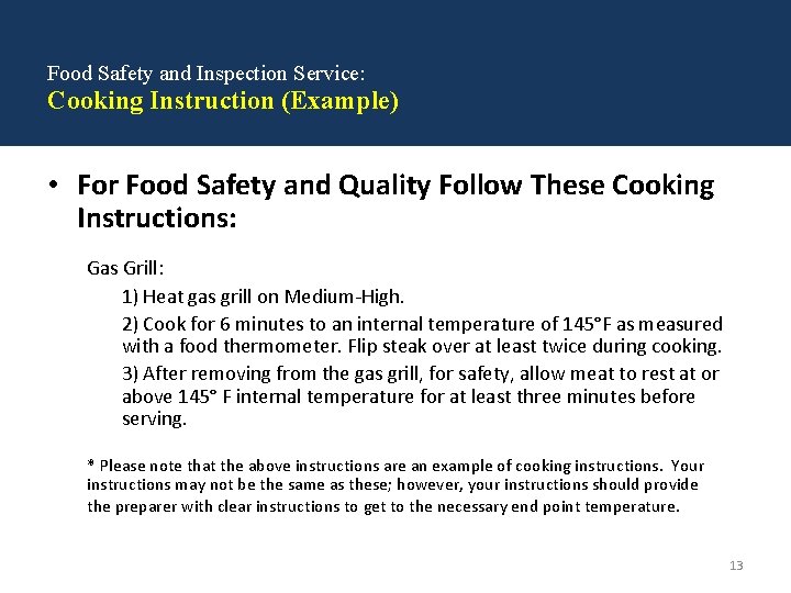 Food Safety and Inspection Service: Cooking Instruction (Example) • For Food Safety and Quality
