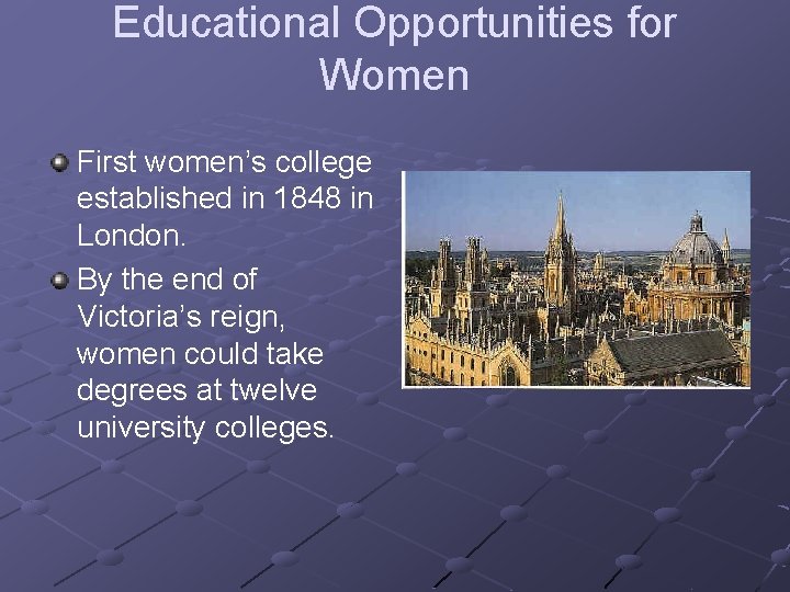 Educational Opportunities for Women First women’s college established in 1848 in London. By the