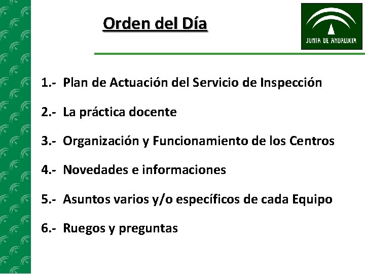Orden del Día 1. - Plan de Actuación del Servicio de Inspección 2. -