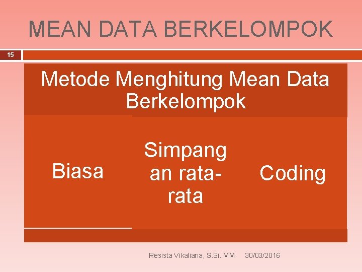 MEAN DATA BERKELOMPOK 15 Metode Menghitung Mean Data Berkelompok Biasa Simpang an rata Resista
