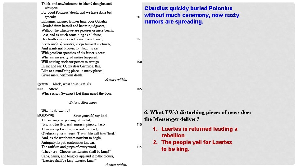 Claudius quickly buried Polonius without much ceremony, now nasty rumors are spreading. 6. What
