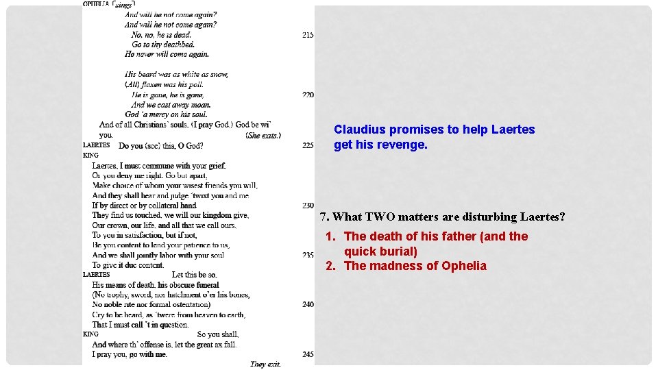 Claudius promises to help Laertes get his revenge. 7. What TWO matters are disturbing