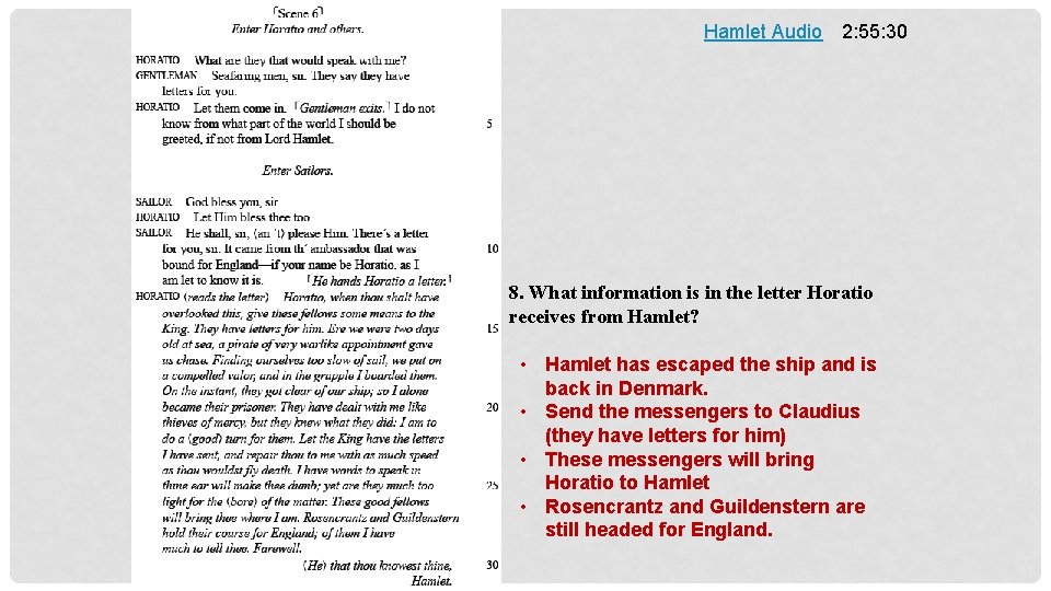 Hamlet Audio 2: 55: 30 8. What information is in the letter Horatio receives