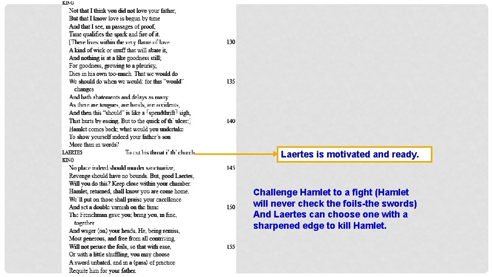 Laertes is motivated and ready. Challenge Hamlet to a fight (Hamlet will never check