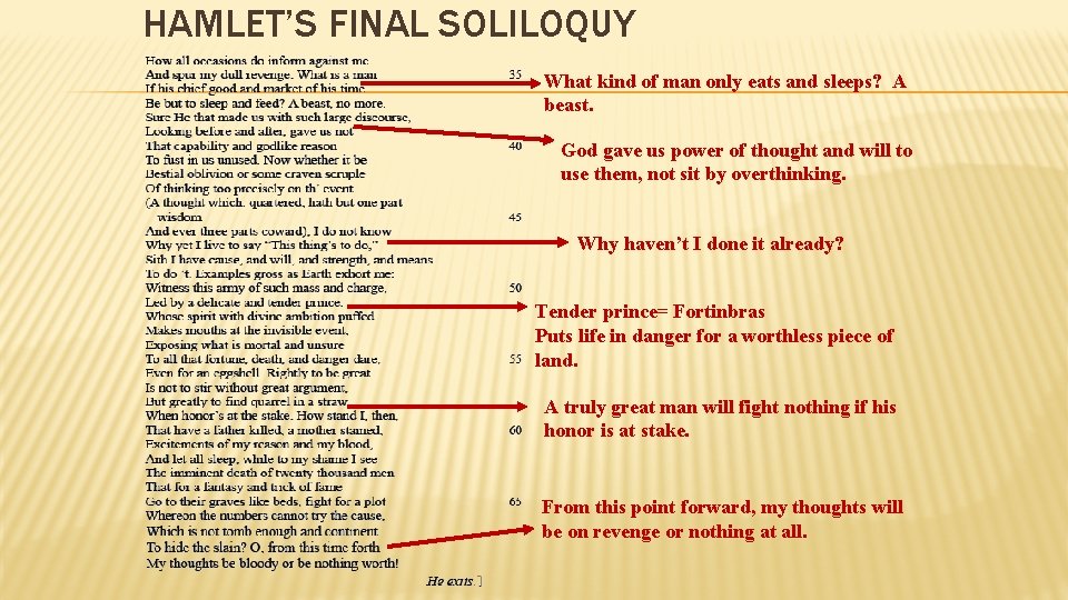 HAMLET’S FINAL SOLILOQUY What kind of man only eats and sleeps? A beast. God