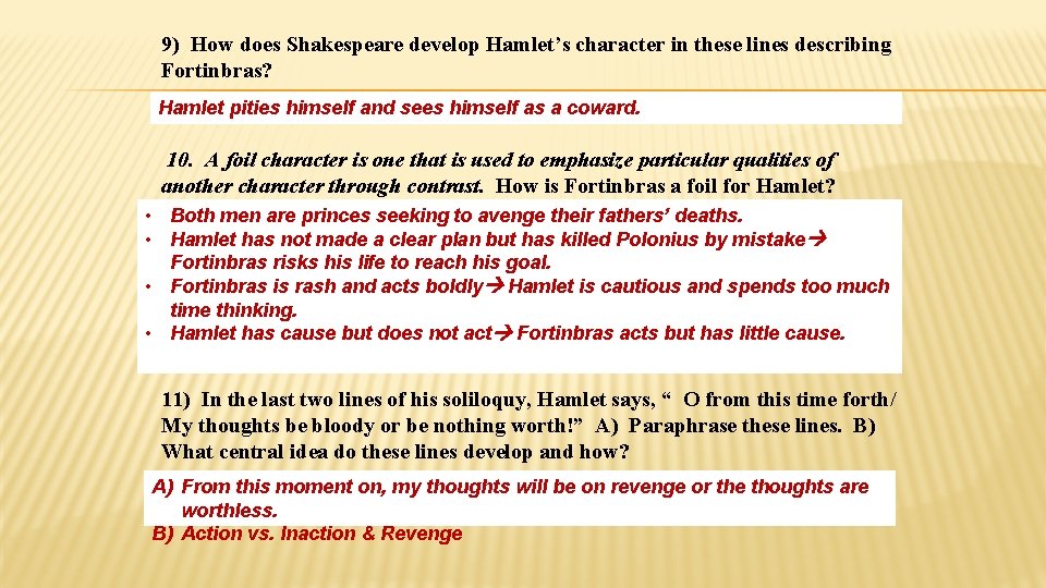 9) How does Shakespeare develop Hamlet’s character in these lines describing Fortinbras? Hamlet pities