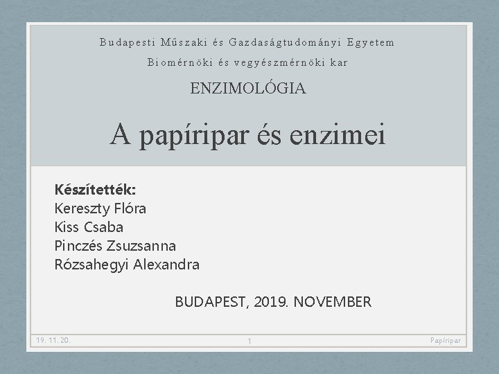 Budapesti Műszaki és Gazdaságtudományi Egyetem Biomérnöki és vegyészmérnöki kar ENZIMOLÓGIA A papíripar és enzimei