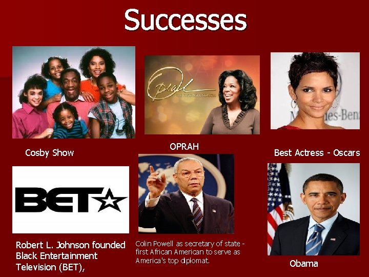 Successes Cosby Show Robert L. Johnson founded Black Entertainment Television (BET), OPRAH Colin Powell