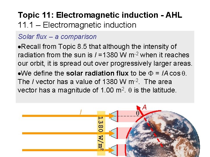 Topic 11: Electromagnetic induction - AHL 11. 1 – Electromagnetic induction Solar flux –