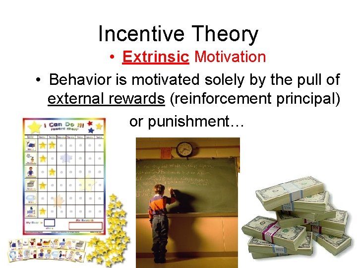 Incentive Theory • Extrinsic Motivation • Behavior is motivated solely by the pull of