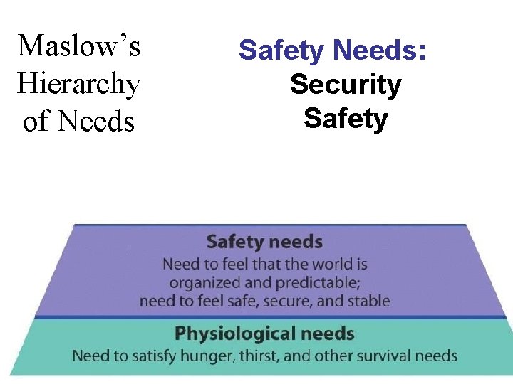 Maslow’s Hierarchy of Needs Safety Needs: Security Safety 