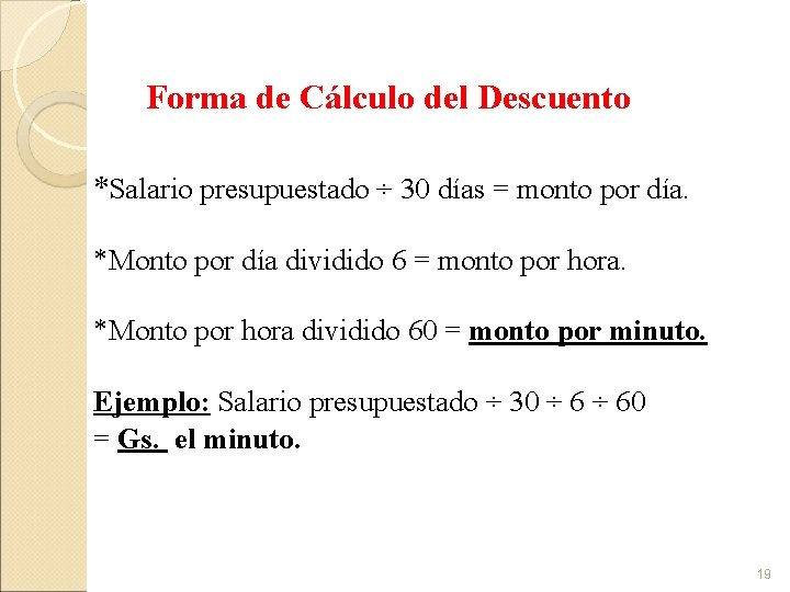 Forma de Cálculo del Descuento *Salario presupuestado ÷ 30 días = monto por día.