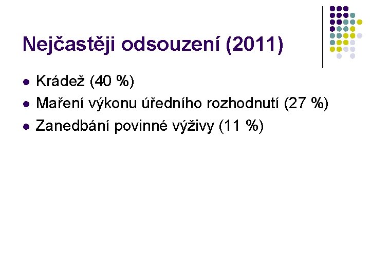 Nejčastěji odsouzení (2011) l l l Krádež (40 %) Maření výkonu úředního rozhodnutí (27 Nejčastěji odsouzení (2011) l l l Krádež (40 %) Maření výkonu úředního rozhodnutí (27