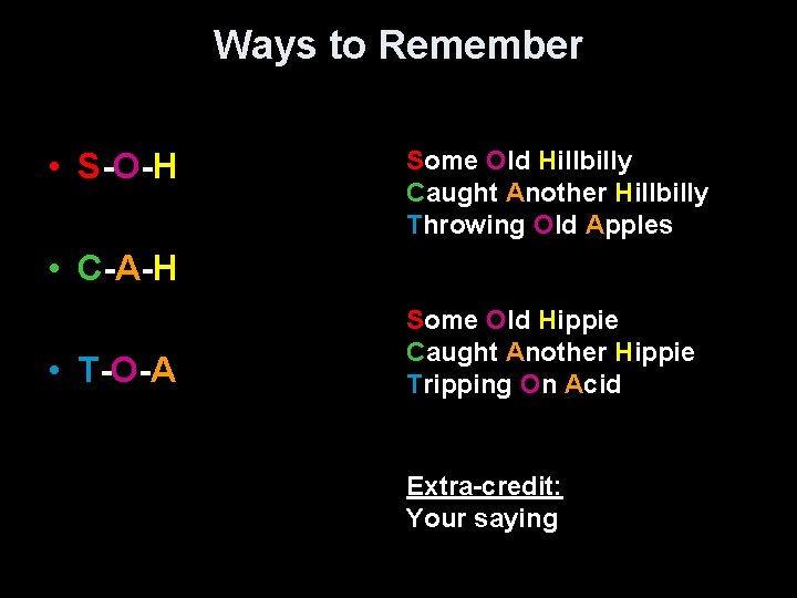 Ways to Remember • S-O-H Some Old Hillbilly Caught Another Hillbilly Throwing Old Apples