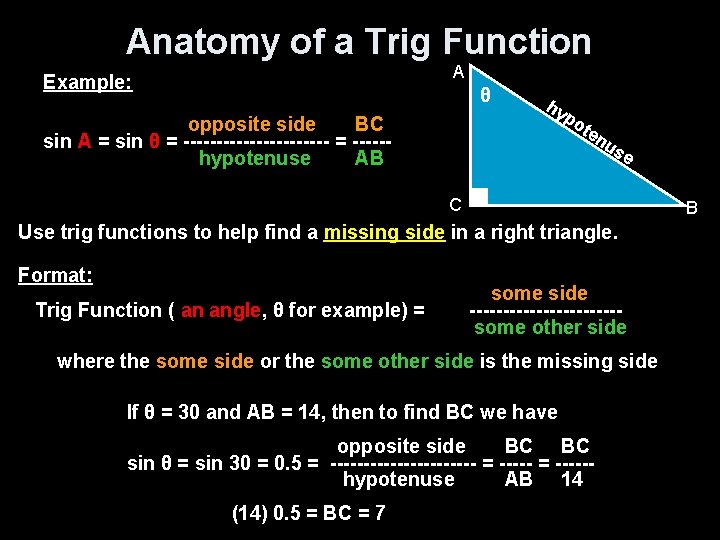 Anatomy of a Trig Function A Example: θ hy p ot en opposite side