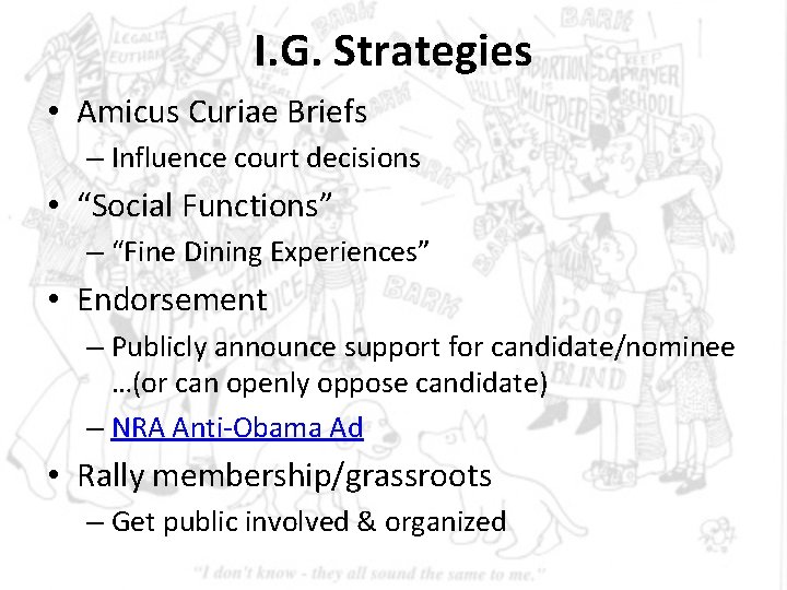 I. G. Strategies • Amicus Curiae Briefs – Influence court decisions • “Social Functions” I. G. Strategies • Amicus Curiae Briefs – Influence court decisions • “Social Functions”