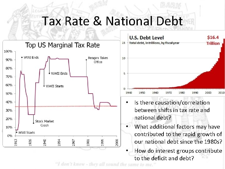 Tax Rate & National Debt • Is there causation/correlation between shifts in tax rate Tax Rate & National Debt • Is there causation/correlation between shifts in tax rate
