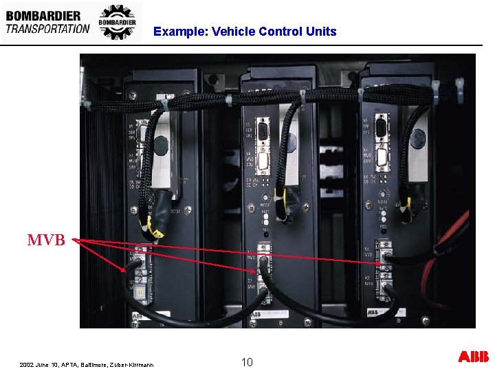 Example: Vehicle Control Units MVB 2002 June 10, APTA, Baltimore, Zuber-Kirrmann 10 Example: Vehicle Control Units MVB 2002 June 10, APTA, Baltimore, Zuber-Kirrmann 10