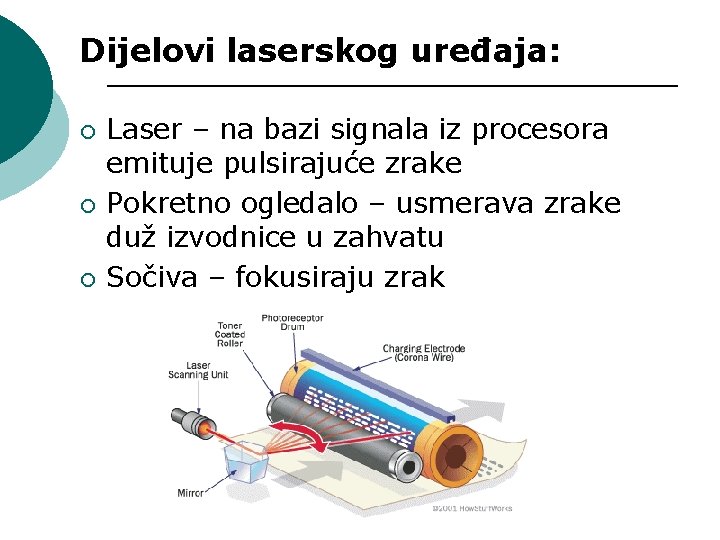 Dijelovi laserskog uređaja: ¡ ¡ ¡ Laser – na bazi signala iz procesora emituje