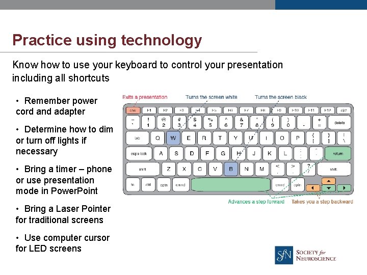 Practice using technology Know how to use your keyboard to control your presentation including