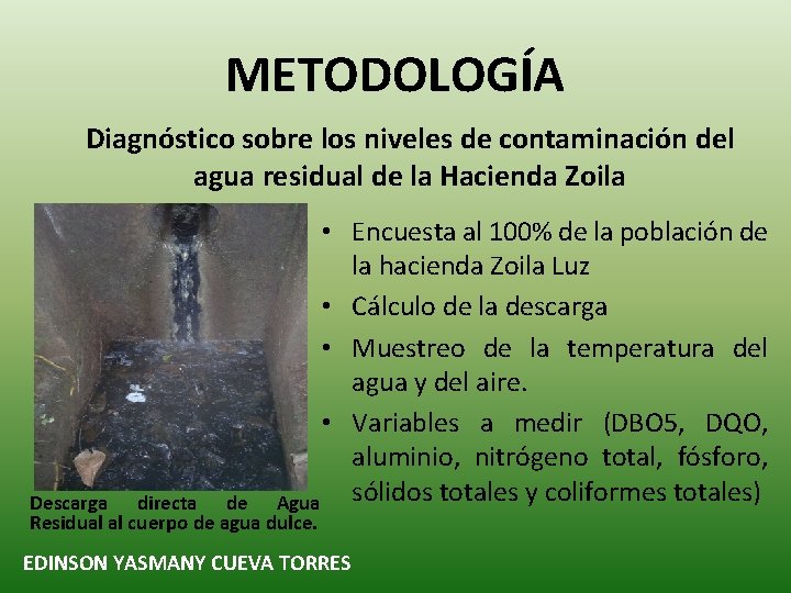 METODOLOGÍA Diagnóstico sobre los niveles de contaminación del agua residual de la Hacienda Zoila