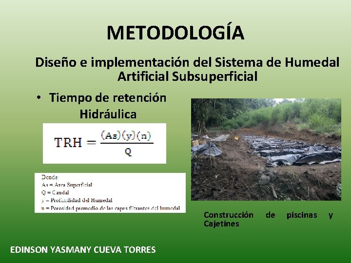 METODOLOGÍA Diseño e implementación del Sistema de Humedal Artificial Subsuperficial • Tiempo de retención