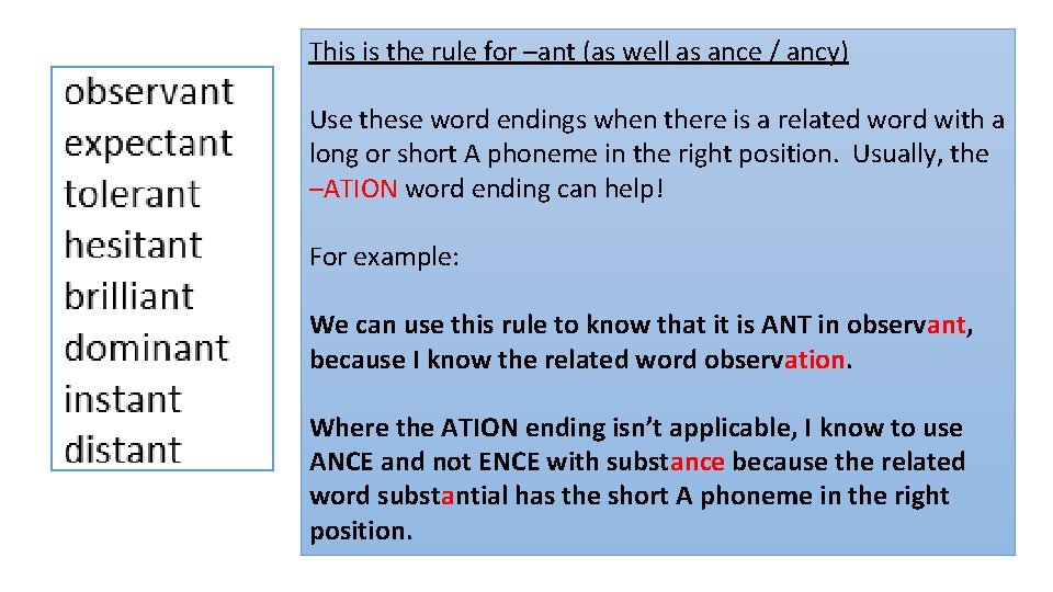 This is the rule for –ant (as well as ance / ancy) Use these