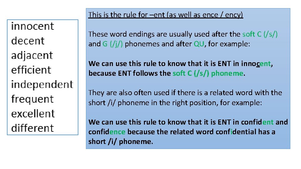 This is the rule for –ent (as well as ence / ency) These word