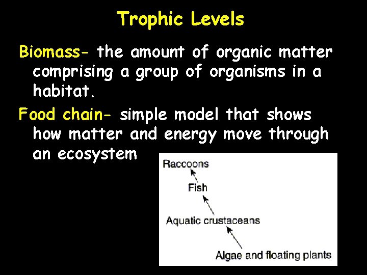 Trophic Levels Biomass- the amount of organic matter comprising a group of organisms in