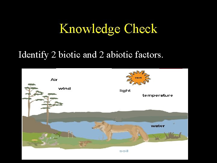Knowledge Check Identify 2 biotic and 2 abiotic factors. 